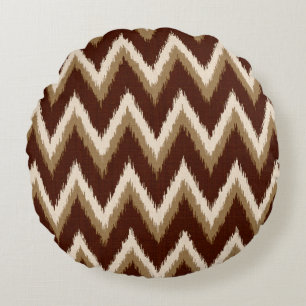 Ikat Chevron Stripes - Chocolate Brown & Beige Round Pillow