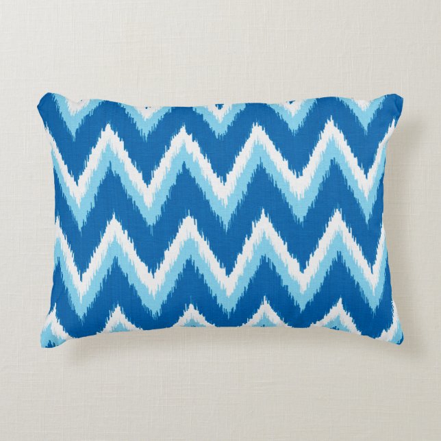 Ikat Chevron Stripes - Cobalt, Sky Blue and White Decorative Pillow (Front)