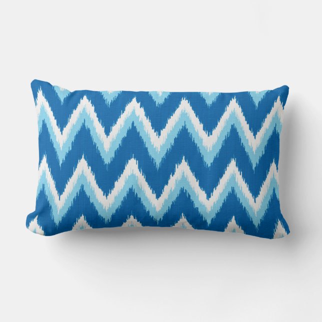 Ikat Chevron Stripes - Cobalt, Sky Blue and White Lumbar Pillow (Front)