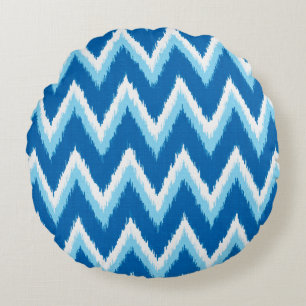 Ikat Chevron Stripes - Cobalt, Sky Blue and White Round Pillow