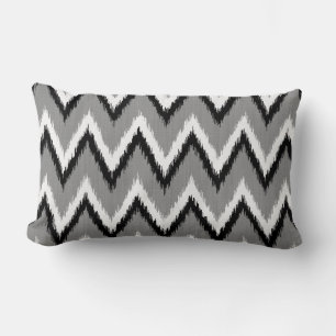 Ikat Chevron Stripes - Grey / Grey, Black & White Lumbar Pillow