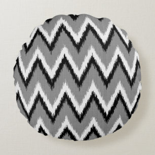 Ikat Chevron Stripes - Grey / Grey, Black & White Round Pillow