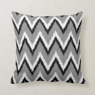 Ikat Chevron Stripes - Grey / Grey, Black & White Throw Pillow