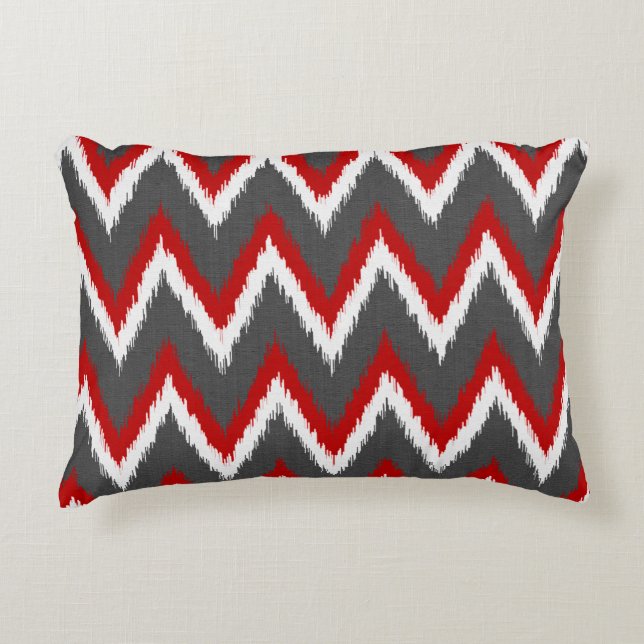 Ikat Chevron Stripes - Red, White and Grey / Grey Decorative Pillow (Front)