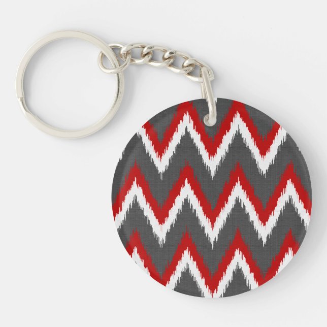 Ikat Chevron Stripes - Red, White and Grey / Grey  Keychain (Front)