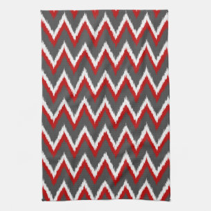 Ikat Chevron Stripes - Red, White and Grey / Grey Kitchen Towel