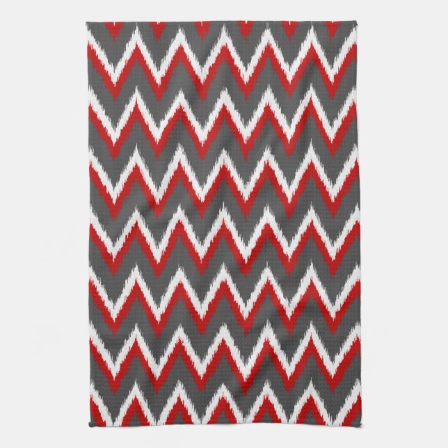 Ikat Chevron Stripes - Red, White and Grey / Grey Kitchen Towel (Vertical)