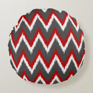 Ikat Chevron Stripes - Red, White and Grey / Grey Round Pillow