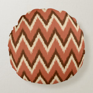 Ikat Chevron Stripes - Rust, Brown and Beige Round Pillow