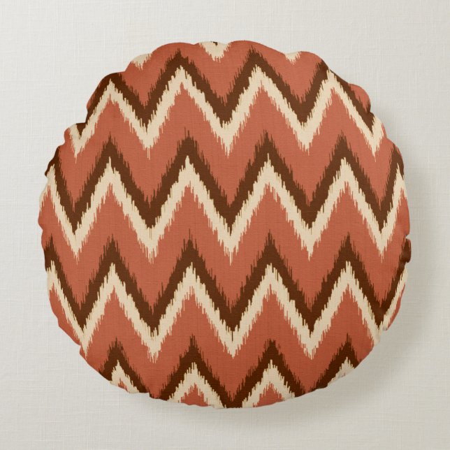 Ikat Chevron Stripes - Rust, Brown and Beige Round Pillow (Front)