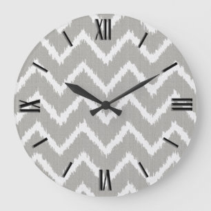 Ikat Chevrons - Silver grey and white Large Clock