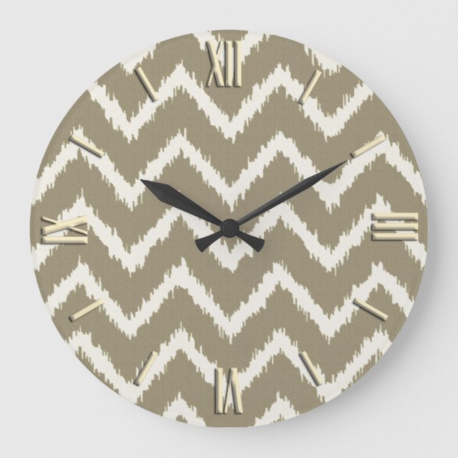 Ikat Chevrons - Taupe tan and beige Large Clock (Front)