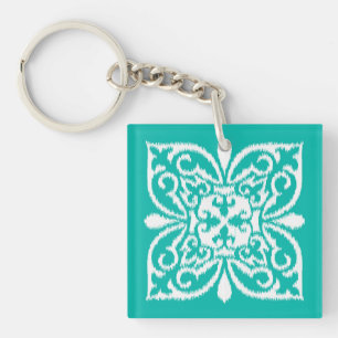 Ikat damask motif - turquoise et blanc