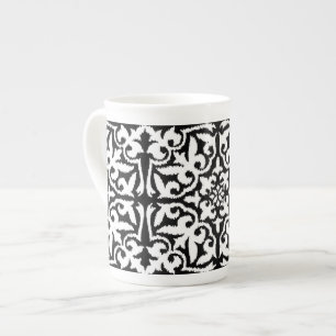 Ikat damask pattern - Black and White Bone China Mug