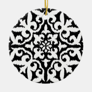 Ikat damask pattern - Black and White Ceramic Ornament