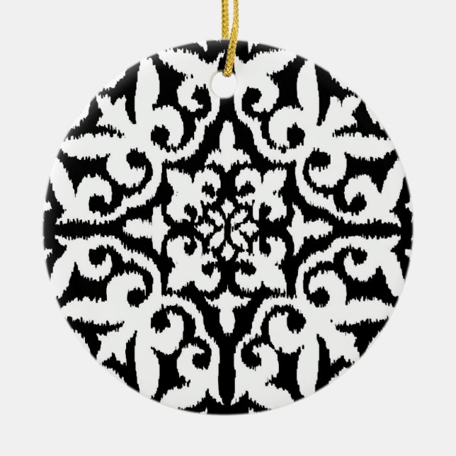 Ikat damask pattern - Black and White Ceramic Ornament (Front)