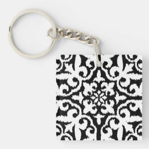 Ikat damask pattern - Black and White Keychain
