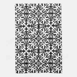 Ikat damask pattern - Black and White Kitchen Towel