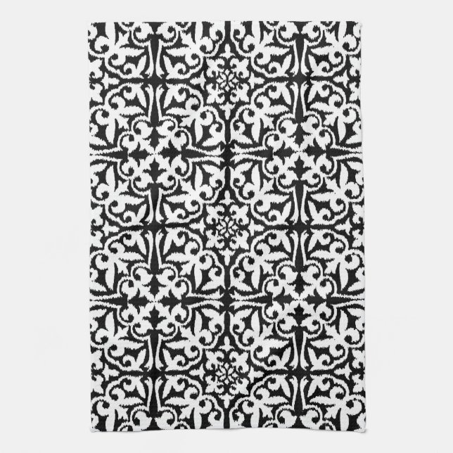 Ikat damask pattern - Black and White Kitchen Towel (Vertical)