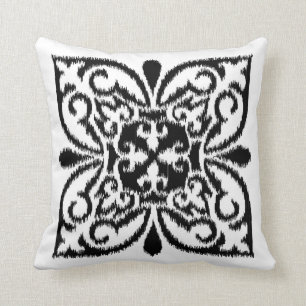 Ikat damask pattern - black and white throw pillow