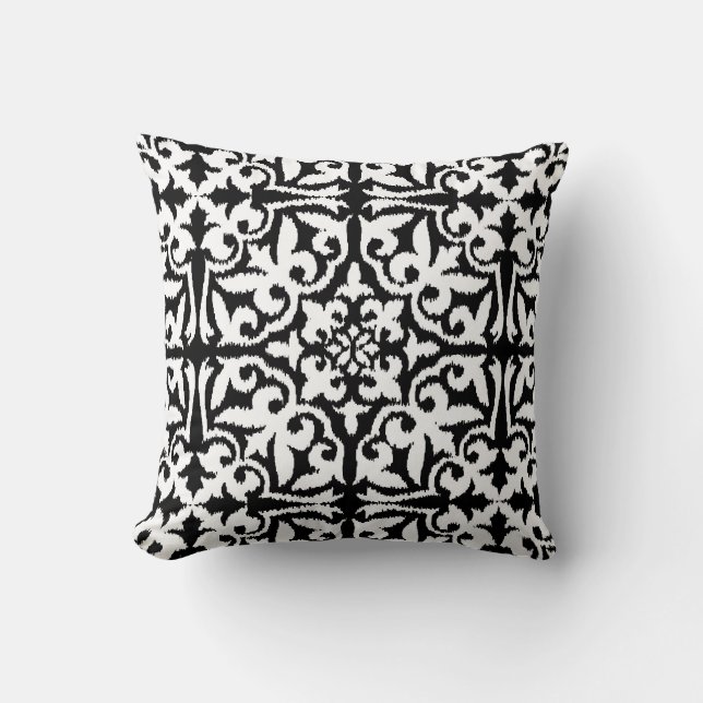 Ikat damask pattern - Black and White Throw Pillow (Front)
