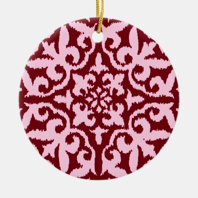 Ikat damask pattern - Burgundy and Pink Ceramic Ornament (Front)