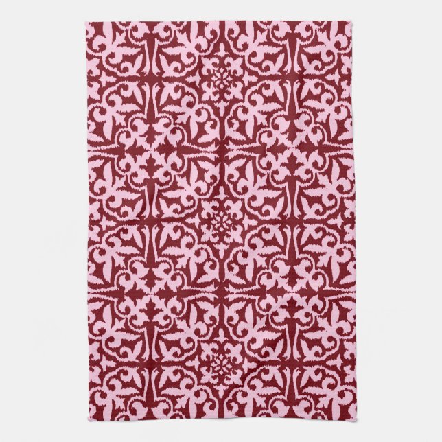 Ikat damask pattern - Burgundy and Pink Kitchen Towel (Vertical)