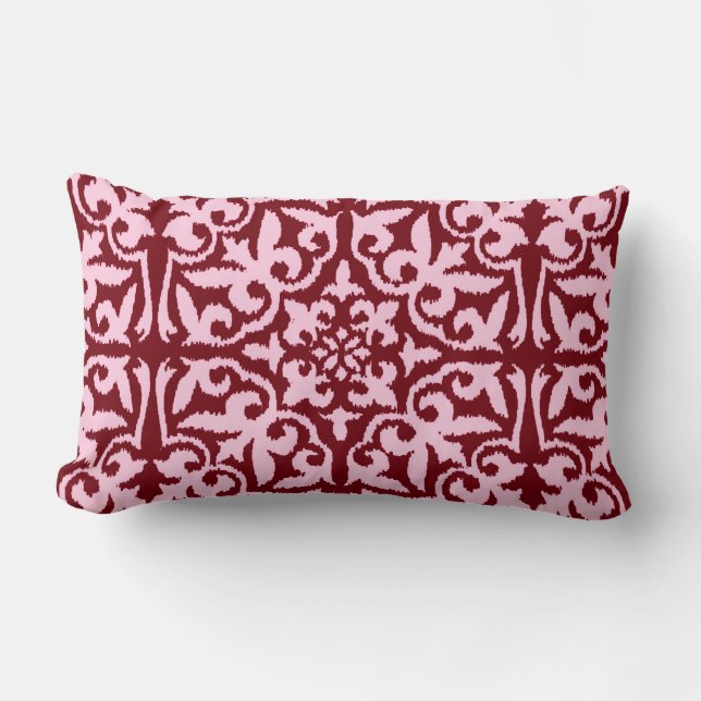 Ikat damask pattern - Burgundy and Pink Lumbar Pillow (Front)