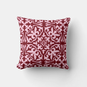 Ikat damask pattern - Burgundy and Pink Throw Pillow
