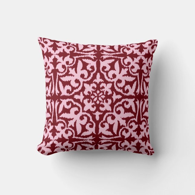 Ikat damask pattern - Burgundy and Pink Throw Pillow (Front)