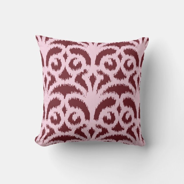 Ikat damask pattern - Burgundy and pink Throw Pillow (Front)