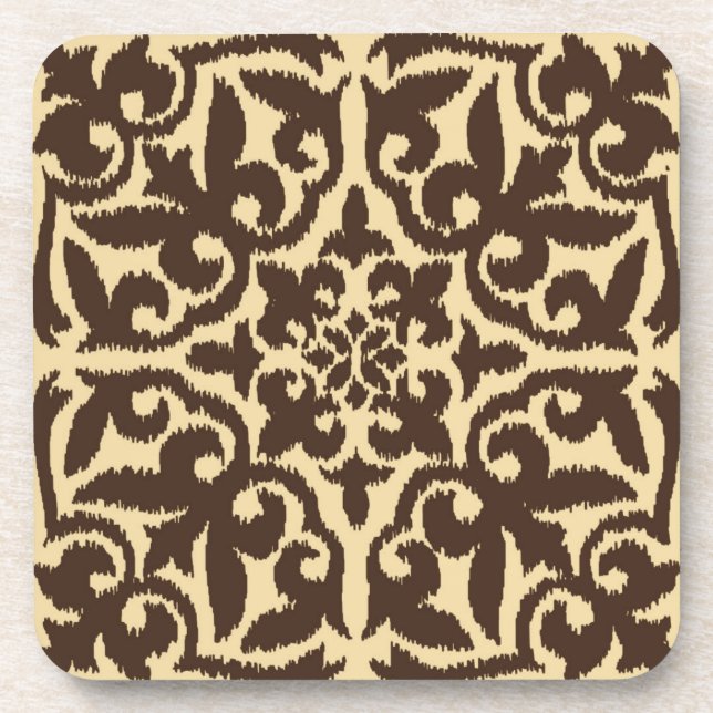 Ikat damask pattern - Chocolate Brown and Tan Coaster (Front)