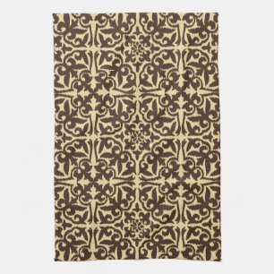 Ikat damask pattern - Chocolate Brown and Tan Kitchen Towel