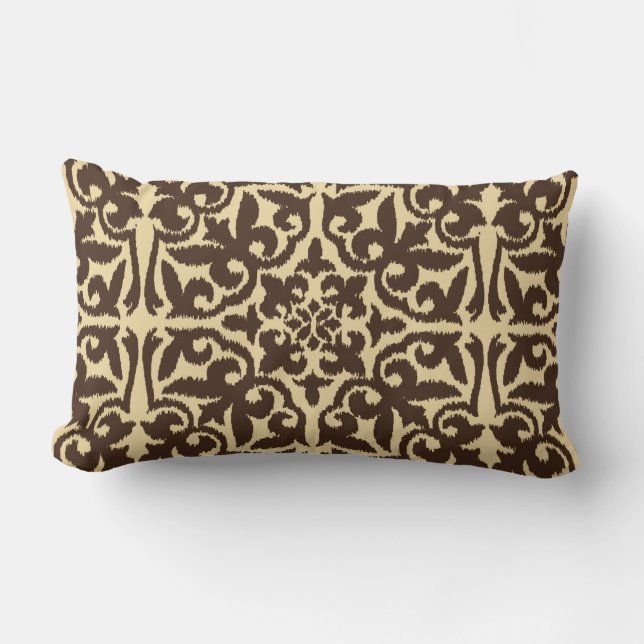 Ikat damask pattern - Chocolate Brown and Tan Lumbar Pillow (Front)
