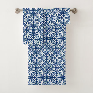 Ikat damask pattern - Cobalt Blue and White Bath Towel Set