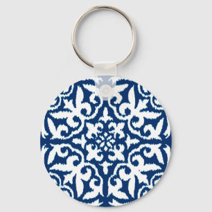 Ikat damask pattern - Cobalt Blue and White Keychain