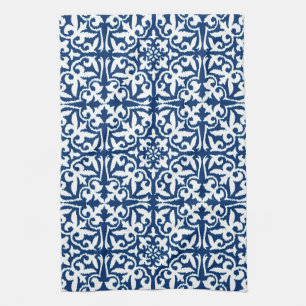 Ikat damask pattern - Cobalt Blue and White Kitchen Towel