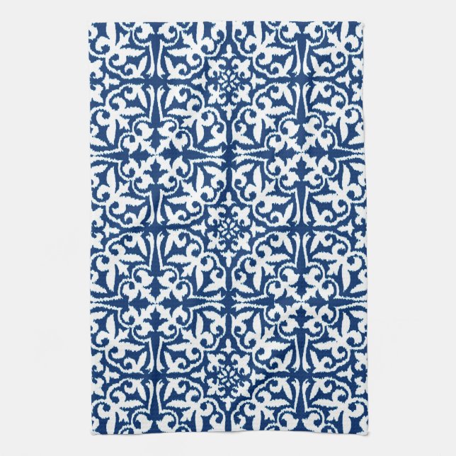 Ikat damask pattern - Cobalt Blue and White Kitchen Towel (Vertical)
