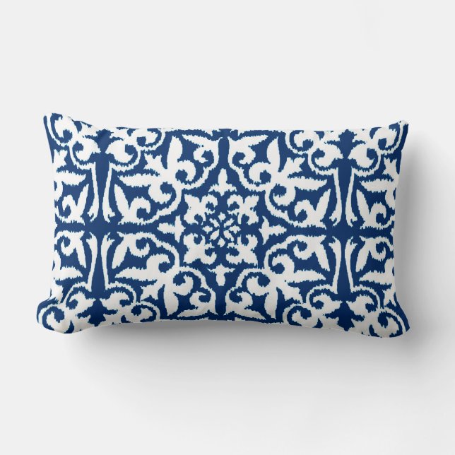 Ikat damask pattern - Cobalt Blue and White Lumbar Pillow (Front)