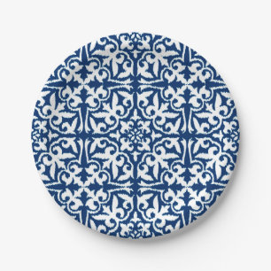 Ikat damask pattern - Cobalt Blue and White Paper Plate