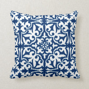 Ikat damask pattern - Cobalt Blue and White Throw Pillow