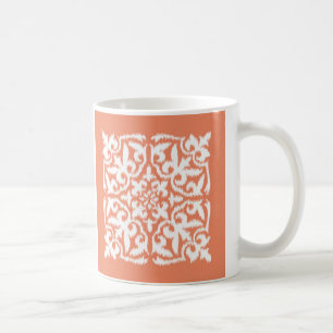 Ikat damask pattern - coral orange and white coffee mug
