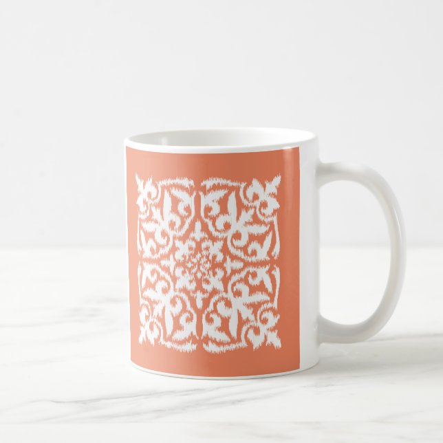 Ikat damask pattern - coral orange and white coffee mug (Right)