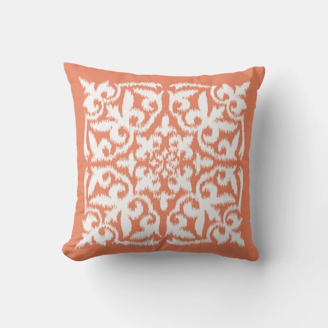 Ikat damask pattern - coral orange and white throw pillow (Front)