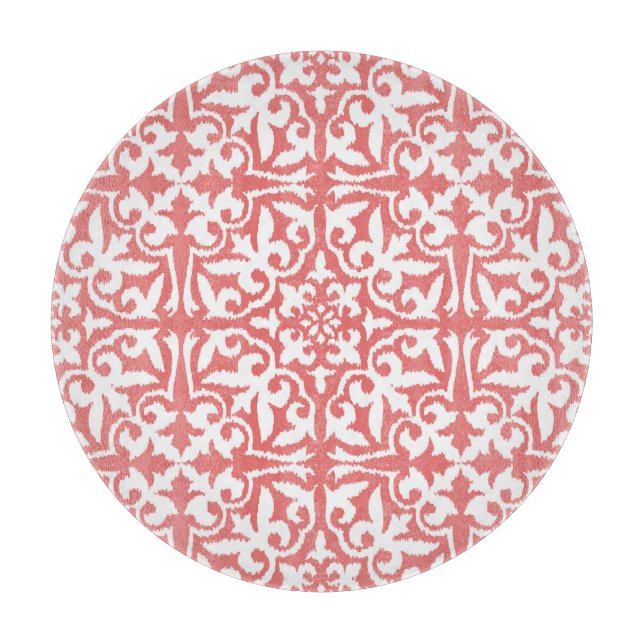 Ikat damask pattern - Coral Pink and White Cutting Board (Front)