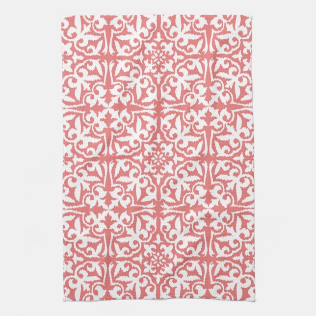 Ikat damask pattern - Coral Pink and White Kitchen Towel (Vertical)
