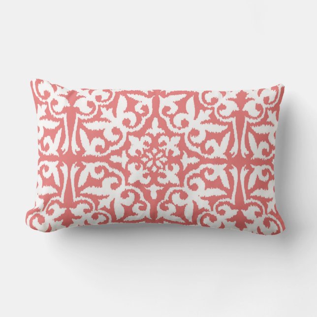 Ikat damask pattern - Coral Pink and White Lumbar Pillow (Front)