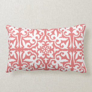 Ikat damask pattern - Coral Pink and White Lumbar Pillow