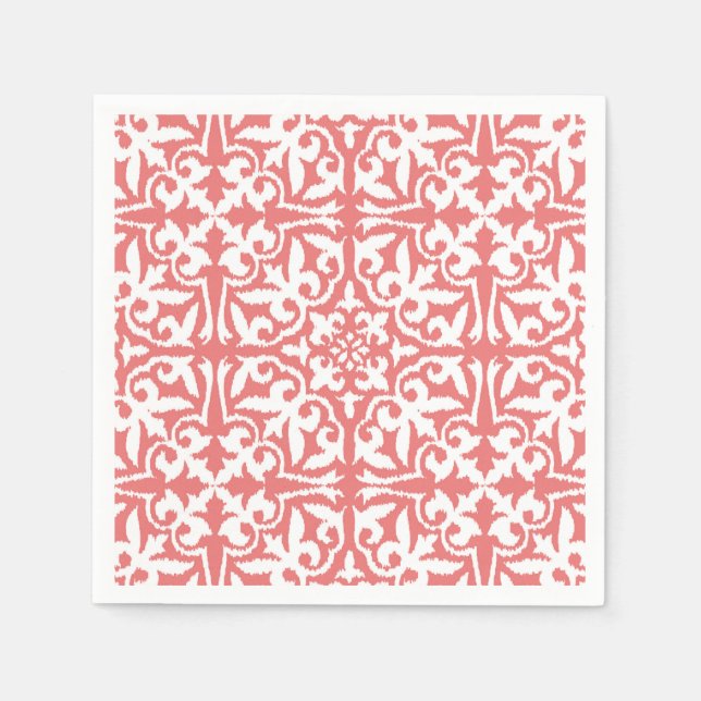 Ikat damask pattern - Coral Pink and White Napkin (Front)