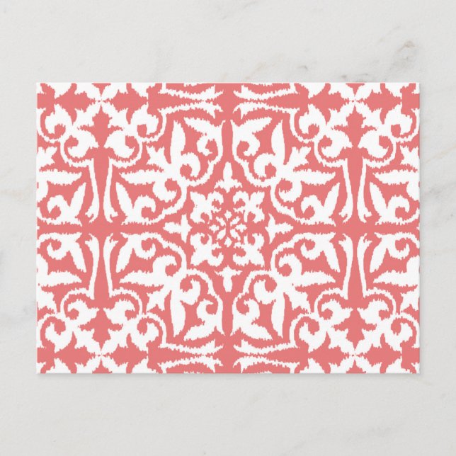 Ikat damask pattern - Coral Pink and White Postcard (Front)